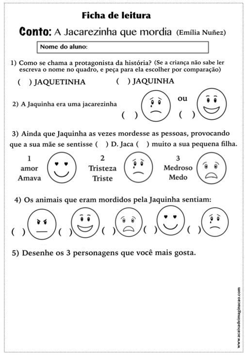 Ficha de leitura sentimentos a jacarezinha que mordia